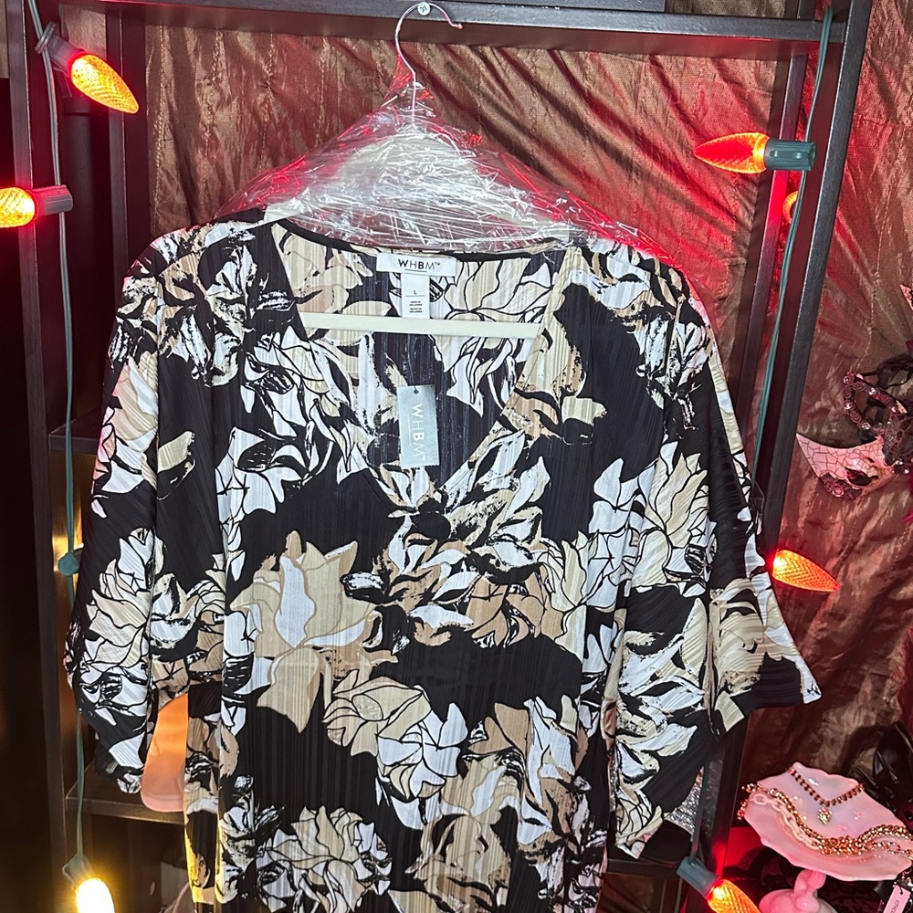 WHBM LG Black and Beige Floral Blouse NWT